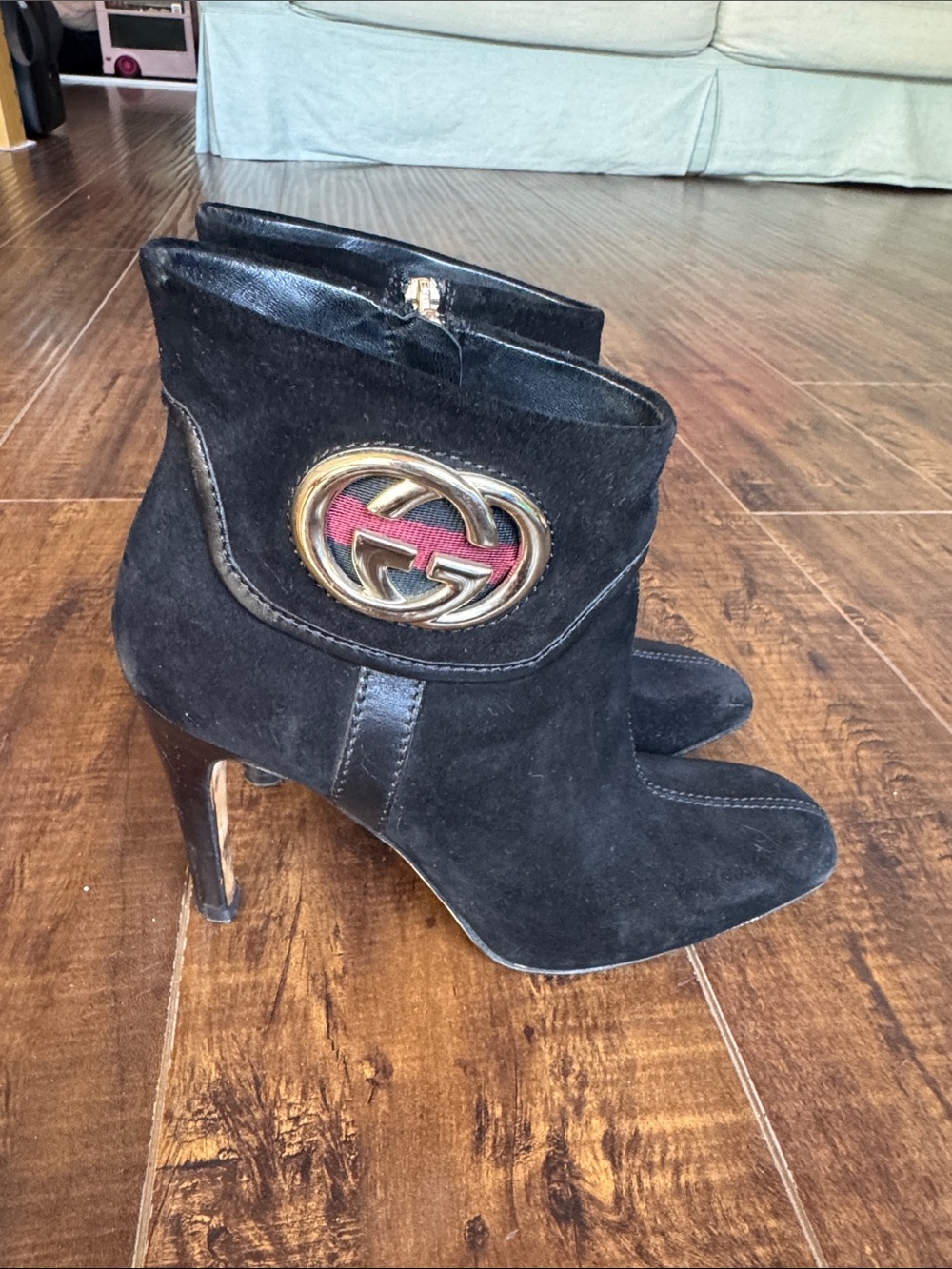 Gucci Black Suede Ankle Booties with Gold GG Emblem and Red Detail